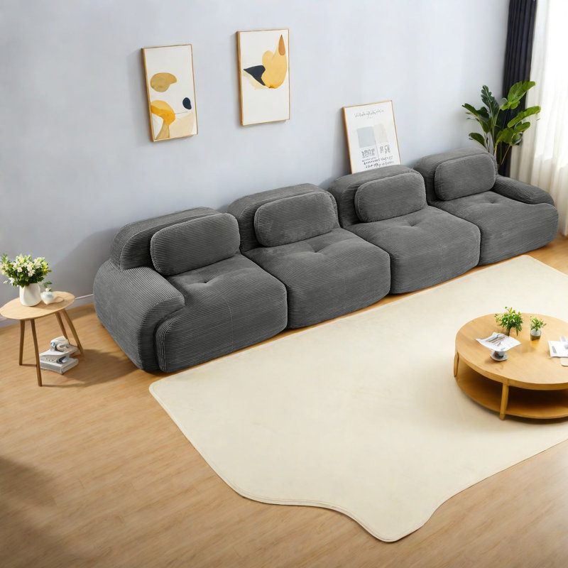 Canapés gris confortables à 4 places, velours côtelé doux, sans assemblage modulaire, pour la maison et le bureau
