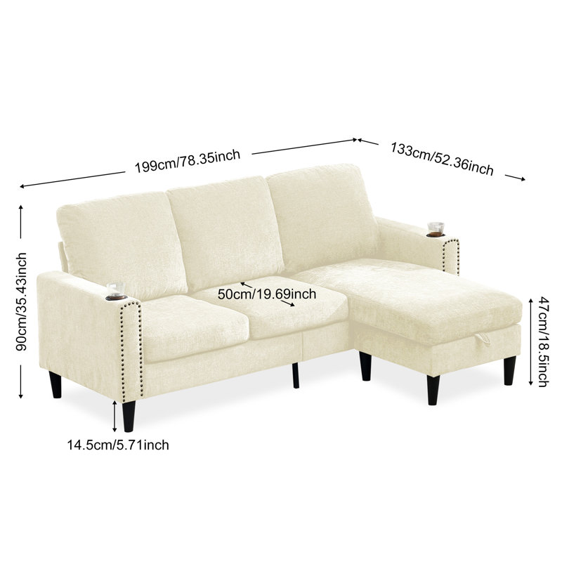 2 - Piece Reversible L-Shaped Sectional Sofa for Living Room, Off White Chenille