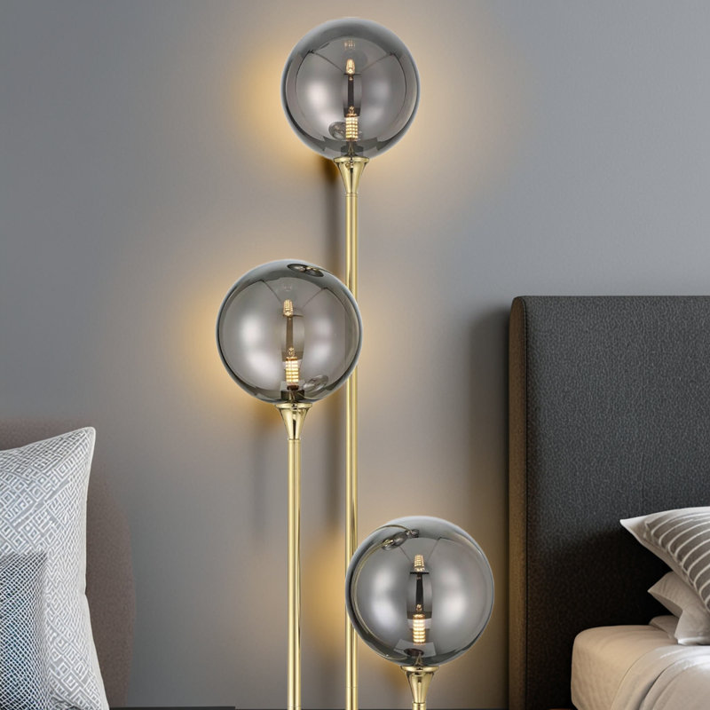 Mid Century Modern Floor Lamp - 67" Tall Tree Style With 3 LED Lights, Gold Brass Finish, Gray Bubble Glass Shades, Foot Dimmer Switch For Living Room, Bedroom, Office