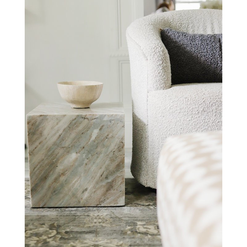 Felix 15" Minimalist Marble Cube End Table, Natural Gray Beige Stone Square Block Side Table, Solid Glossy Living Room Accent Pedestal