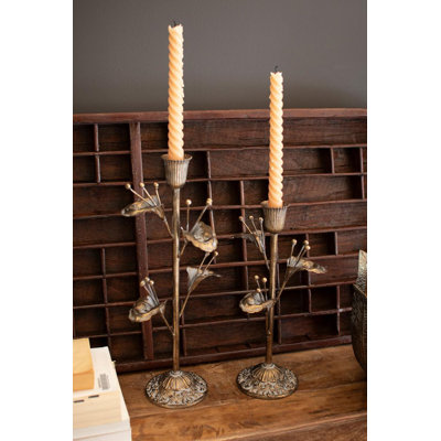 Kalalou Decorative Flower Taper Candle Holders Antique Brass Finish Set of 2 - 14.5"H