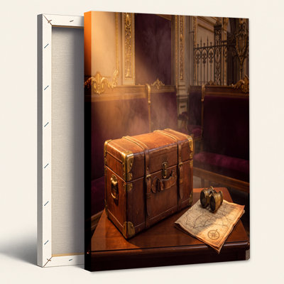 Vintage Brown Leather Suitcase With Map And Binoculars On Table Canvas Wall Art