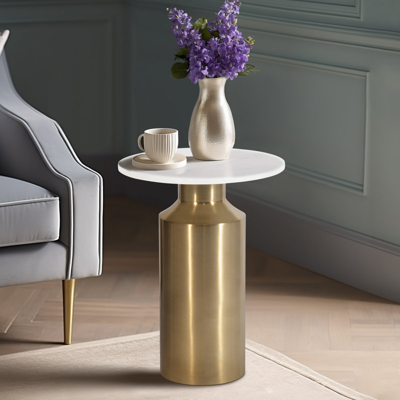Table d'appoint cylindrique 22 po en fer et marbre blanc pour la maison et le bureau