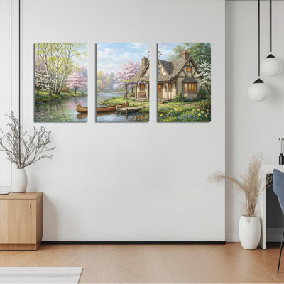 Spring Cottage By The Lake Canvas Wrapped Wall Art Oil Painting Print Set Of 3