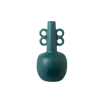 Ceramic Round Pelike Vase with Thin Long Neck and Double Side Ring Handles Design Matte Finish Pine Green..6.25"x6.25"x12.25"H