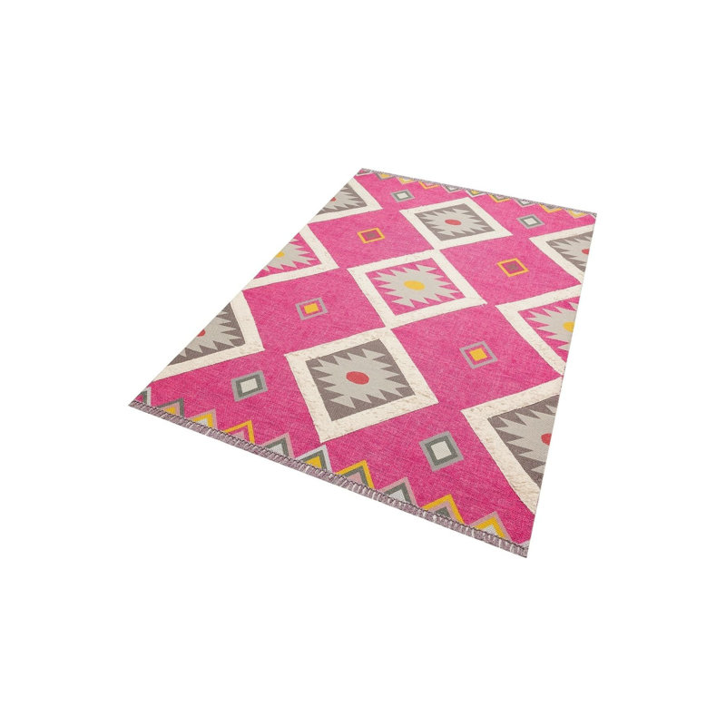 Kilim rustique fuchsia rustique géométrique lavable à la machine, Sous-tapis rectangulaire 5 pi 1 po x 7 pi 7 po inc