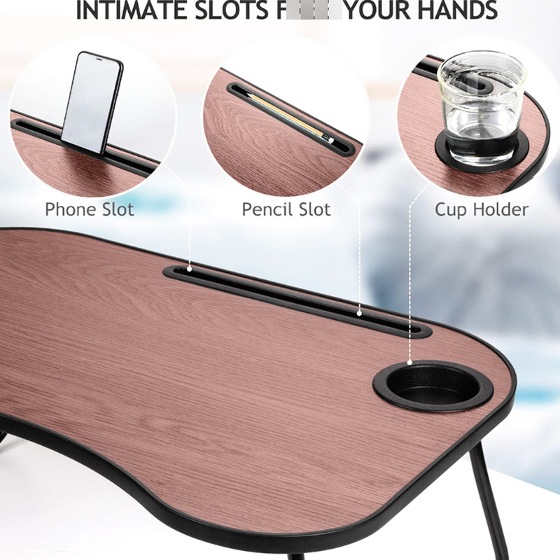 Tablette pliable et portable en bois, avec rainure pour tasse et surface lisse, adaptée aux activités des adultes dans différents contextes, utilisable au lit ou lors de longs voyages.