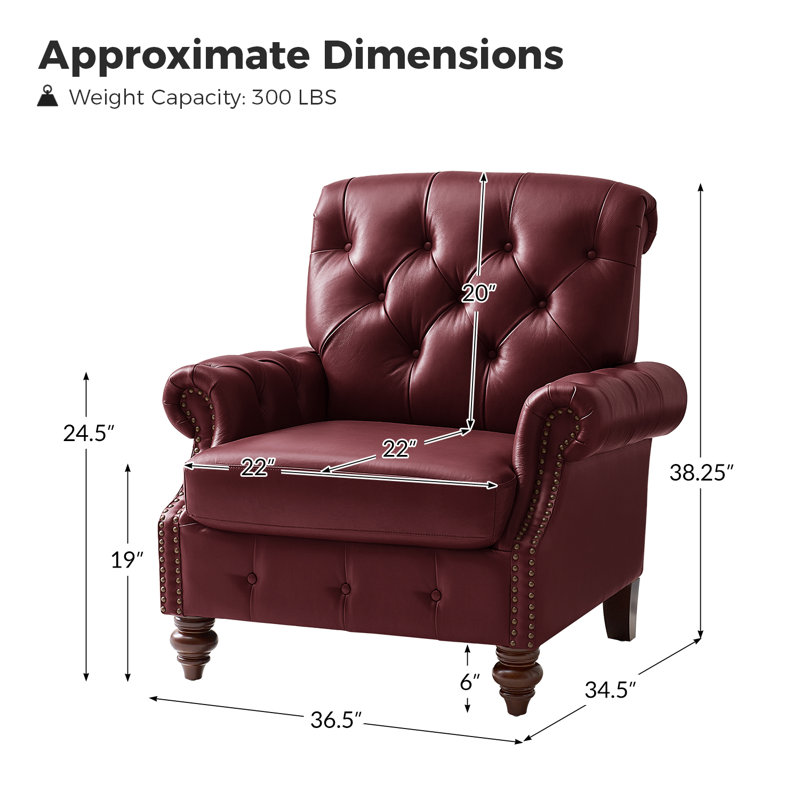 Alesha 36.5"W Traditional Cowhide Genuine Leather Accent Chair with Tufted Back, Burgundy Genuine Leather