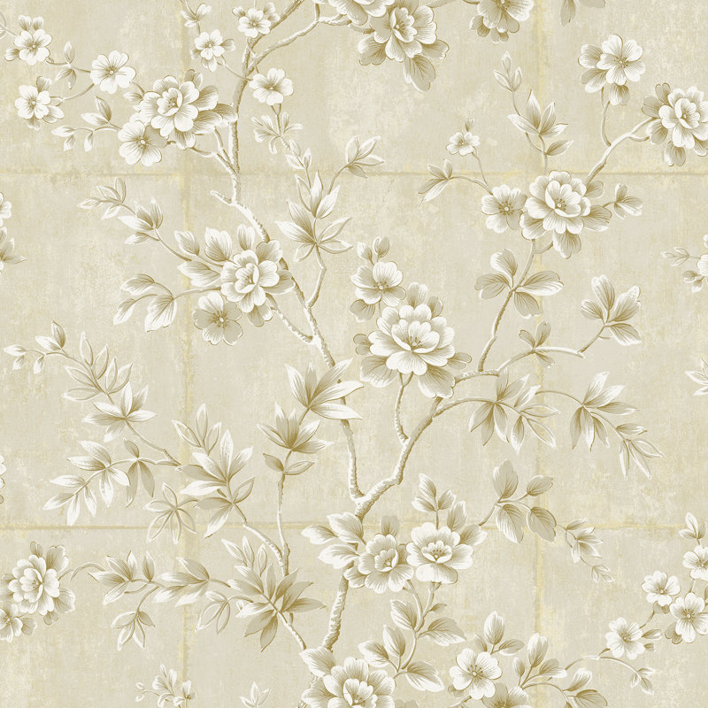 Rouleau de papier peint métallique/en feuille 27 pi x 27 po floral wall Artie, Or métallique / brun clair / blanc