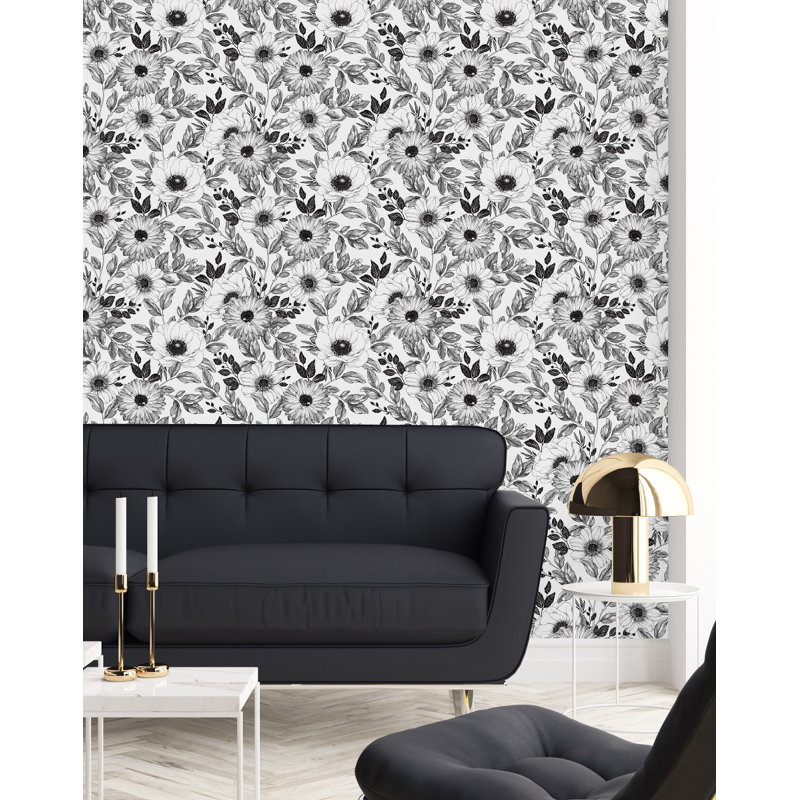 Carreau de papier peint floral noir et blanc L 10,4 pi x l 25 po, L 2,08 pi x L 18,75 pi