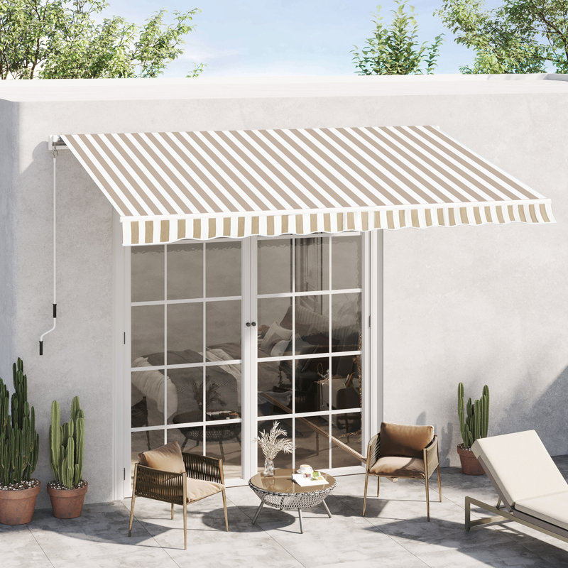 Auvent 12 'x 10' pour patio - Protégé, manivelle manuelle, structure en aluminium, tissu 280G / M, terrasse, balcon, beige et eau, blanc