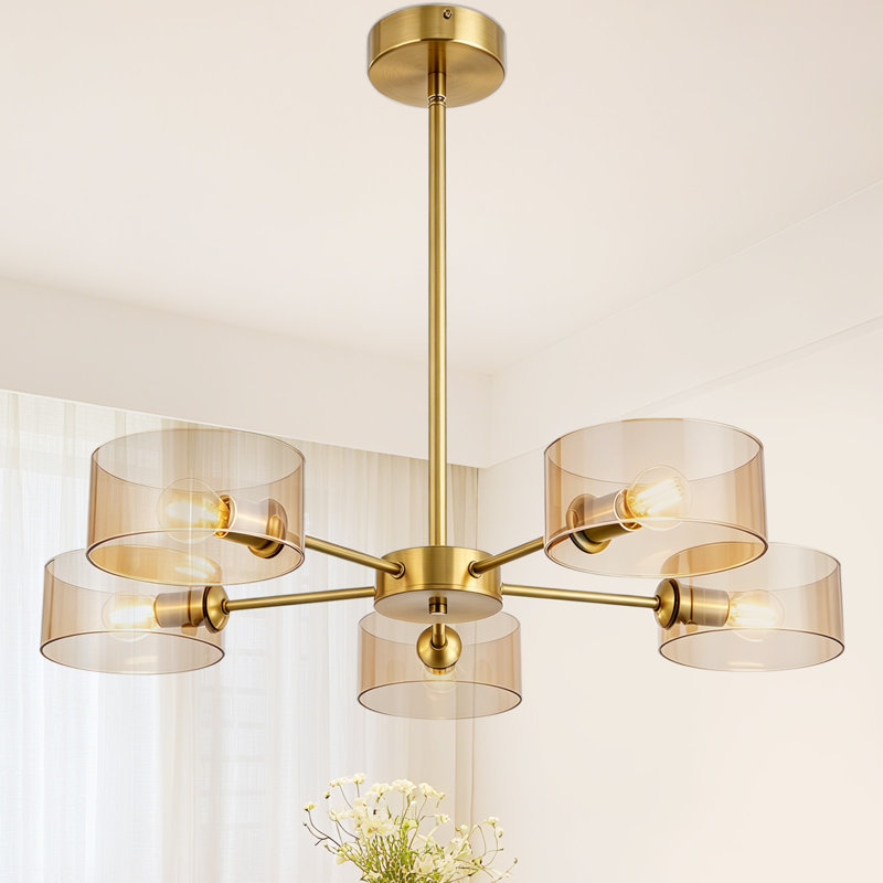 Lustre à 5 lumières à intensité variable avec luminaire moderne en verre ambré pour le salon