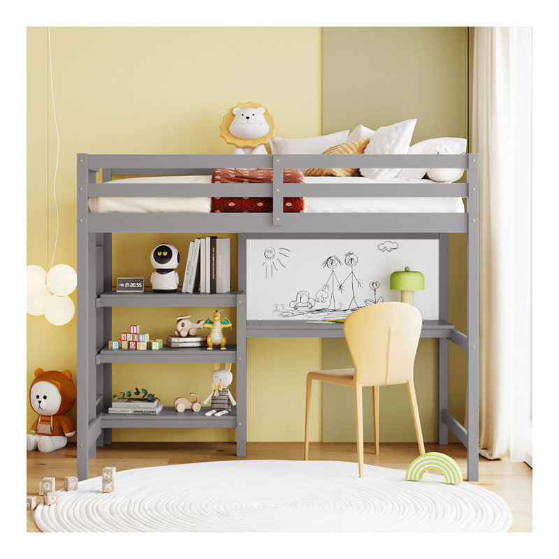 Lit mezzanine en bois avec tablettes, bureau et tableau d'écriture - Gris, Lit simple