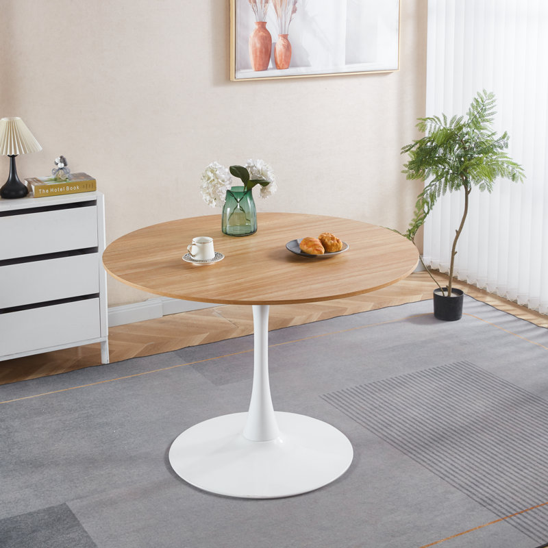 Maturi Dining Table with MDF Top & Pedestal Base, Blanc, Chêne clair, H 28,76 po x l 42,13 po x P 42,13 po
