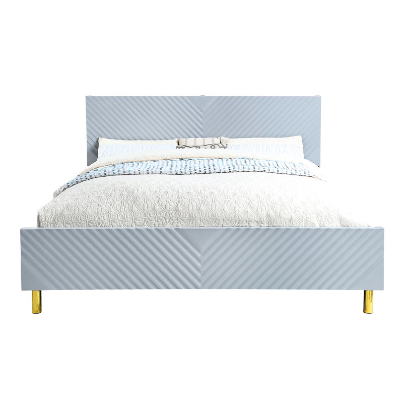 Lit Ek gris ultrabrillant avec motif ondulé et pieds en métal, 39 lattes, 4 structures de support, capacité de 660 lb, l 86 po x P 81 po, H 46 po