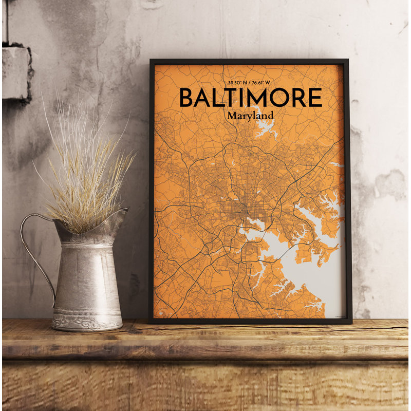 Baltimore City Map - impression d'art graphique, H 24 po x l 18 po
