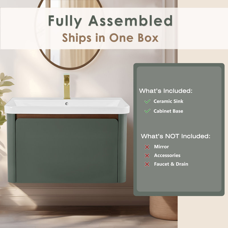 Barkley 30" Floating & Wall-Mounted Single Bathroom Vanity In Vintage Green With Ceramic Integrated Sink And Countertop