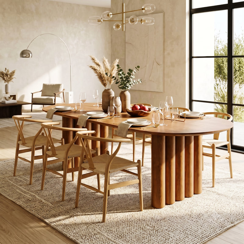 Timvorian 94.5" Oval Modern Solid Wood Dining Table with Fluted Pedestal Base