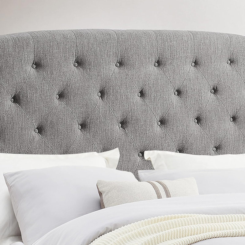 Linen Upholstered Wingback Headboard with Double Nailhead Trimming and Button Tufting for Bedroom, Gray, Twin