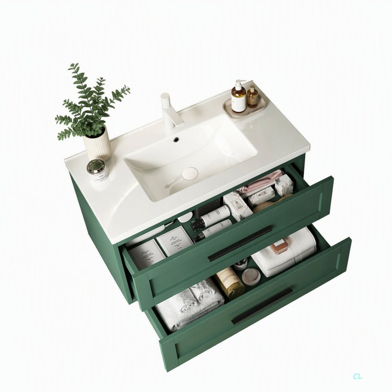 Meuble-lavabo 36 po avec lavabo, meuble-lavabo mural moderne avec 2 tiroirs (sans armoire latérale), lavabo en céramique sans robinet