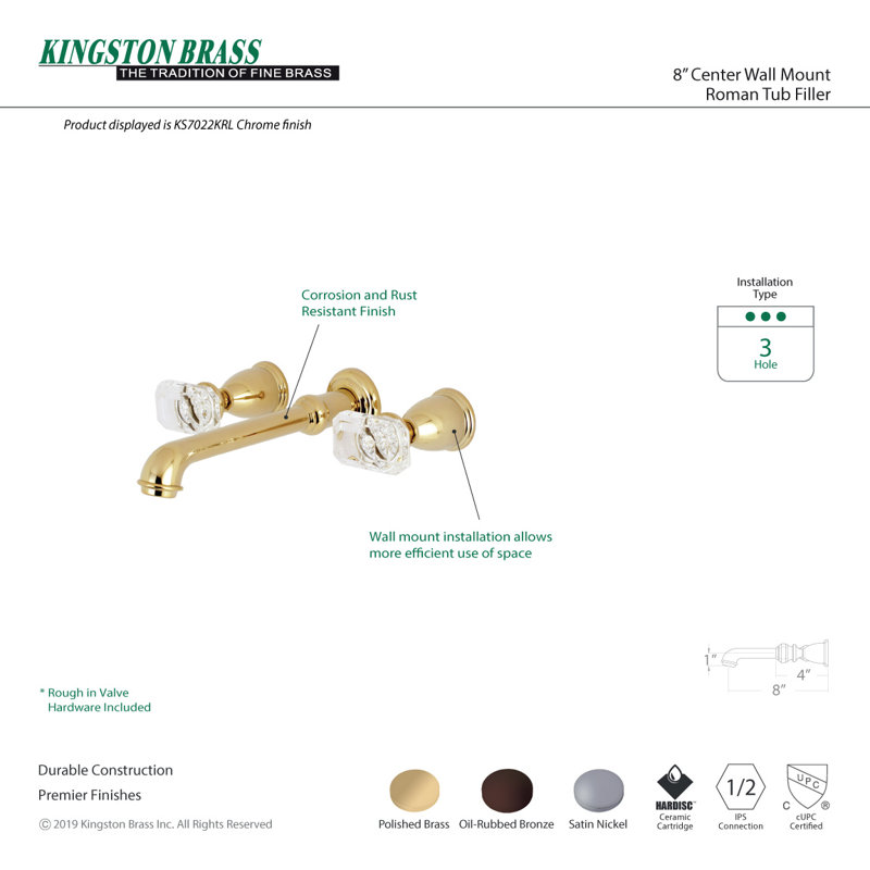 Kingston Brass Krystal Onyx Two-Handle 3-Hole Wall Mount Roman Tub Faucet, Oil Rubbed Bronze