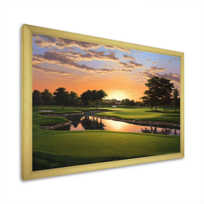 «Golf Dawn On The Put II» - art mural golf, H 16 po x l 32 po x P 1 po, Cadre doré simple