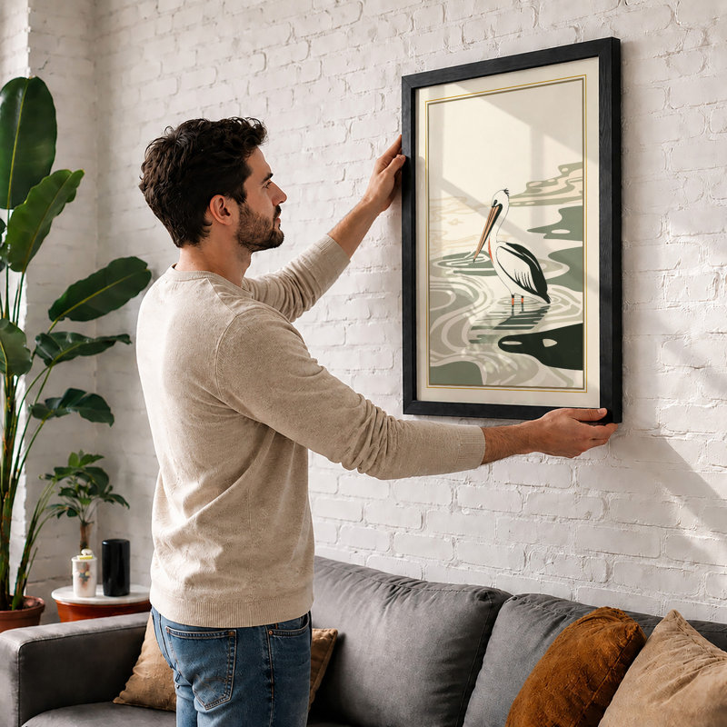 Pelican in Still Water Japandi - Framed Print, A2 - 59.4 x 42.0 cm, Black