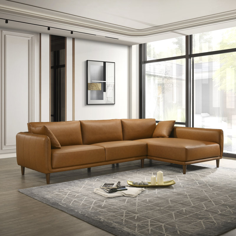 Pluie 117" W Mid Century Modern Leather Cozy Sectional Sofa, Right Hand Facing