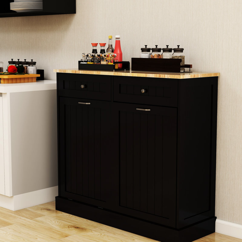 Armoire à poubelle de cuisine enduite noire - deux tiroirs, un grand espace de rangement, des compartiments de poubelle, modernes et pratiques