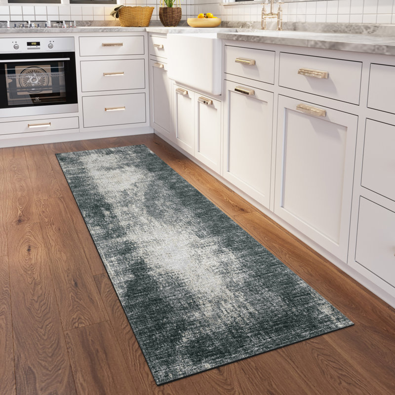 Tapis noir abstrait tissé à la machine, Tapis de couloir 2 pi 3 po x 7 pi 6 po
