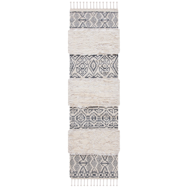 Tapis gris / ivoire en laine et viscose noué à la main Dorotea, Tapis de couloir 2 pi 3 po x 8 pi