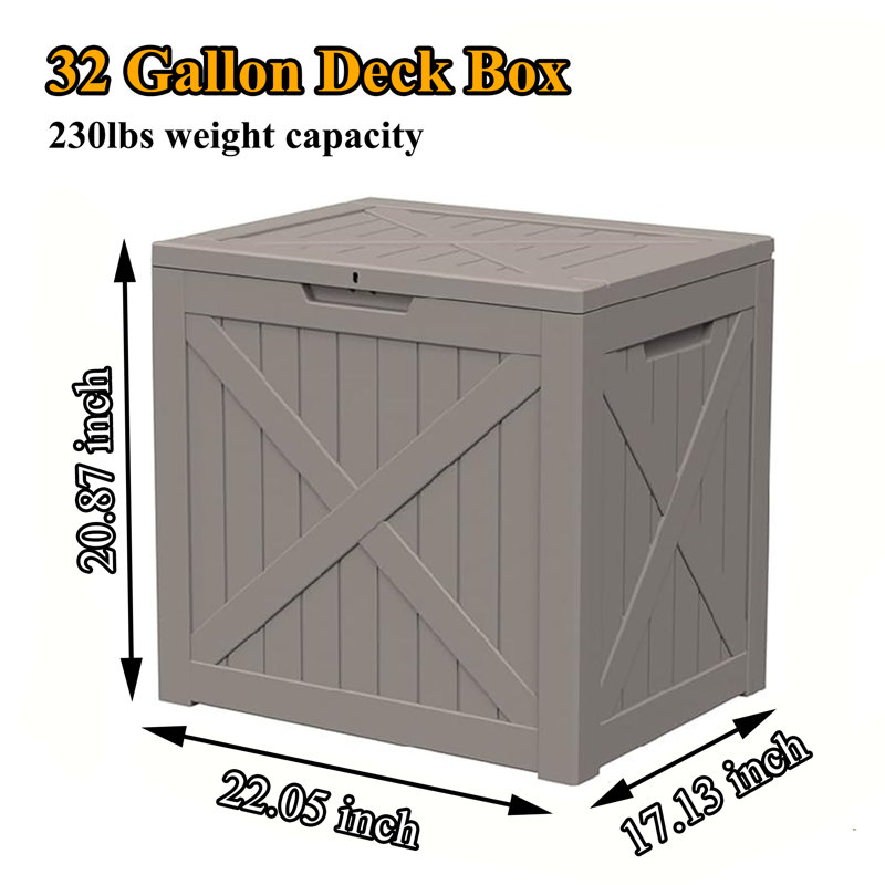 32 Gallon Outdoor Deck Box, Weather-Resistant Resin Patio Storage Box for Garden Tools, Pool Supplies, Outdoor Cushions & Toys