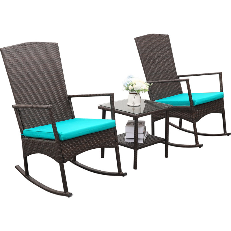 Chaise berçante d'extérieur 3 pièces avec table basse et coussins, Vert, Brun
