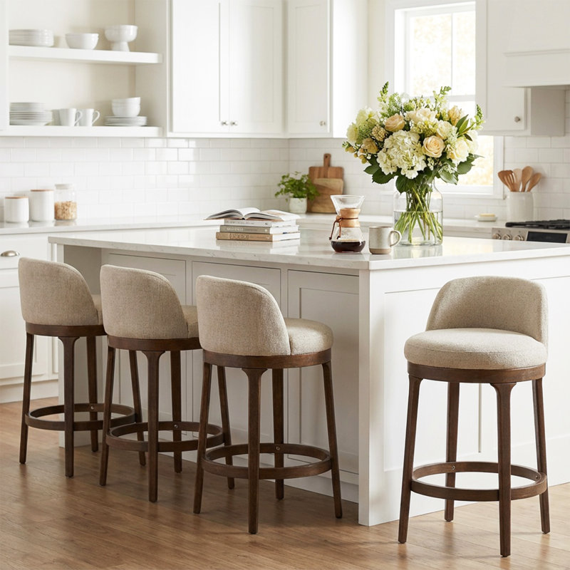 Tabouret de comptoir avec dossier ergonomique Elio, Siège beige / structure en noyer, 2