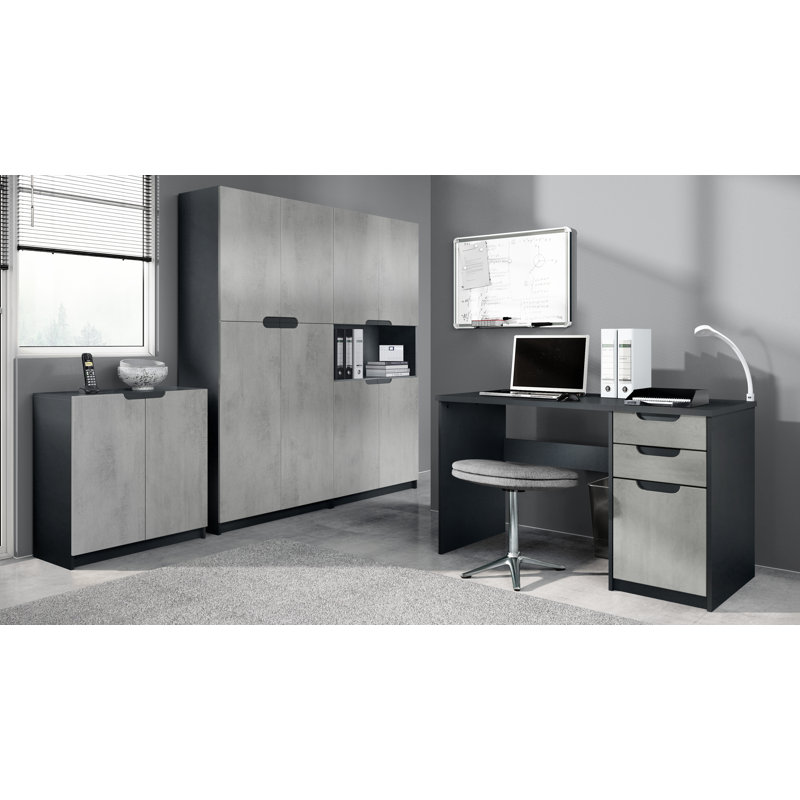 Mazeppa 3 Piece Writing Desk Office Set, Concrete Oxide Optics/Black Base