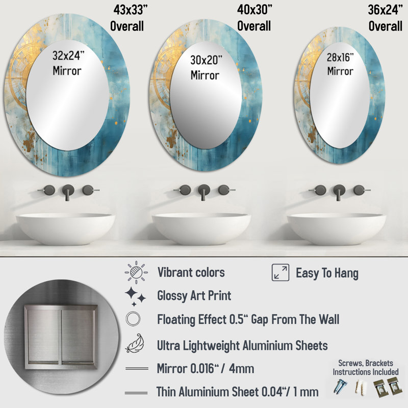 Teal Circular Sensitivity Gold Watercolor I - Modern Oval Wall Mirror, 43" x 33"