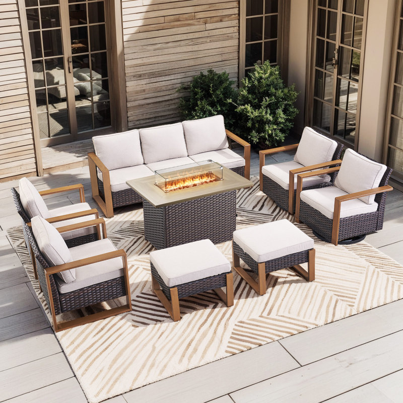 Aldiana 8-Piece Outdoor Conversation Set With Swivel Gliders And Fire Pit Table, 9-Person Wicker Patio Seating With Sofa, Armchairs & Ottomans