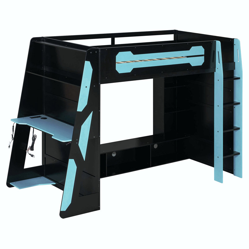 Lit mezzanine simple en bois avec bureau, tablettes multiples et lumière RVB, Blue, Twin
