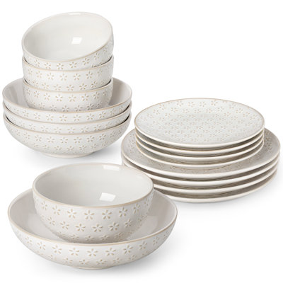 16-Piece Embossed Five-Petal Flower Dinnerware Set – 4 Dinner Plates, 4 Salad Plates, 4 Soup Bowls, 4 Cereal Bowls