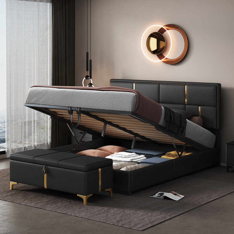 2-Pieces Bedroom Sets,Queen Size Upholstered Platform Bed With Hydraulic Storage System,Storage Ottoman With Metal Legs,Black