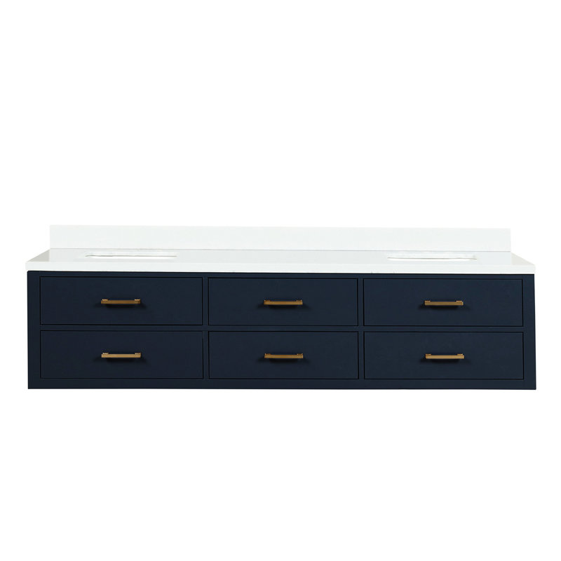 Meuble-lavabo double bleu 80 po x 22 po, comptoir en quartz, structure en bois massif, fermeture en douceur, mobilier de salle de bain