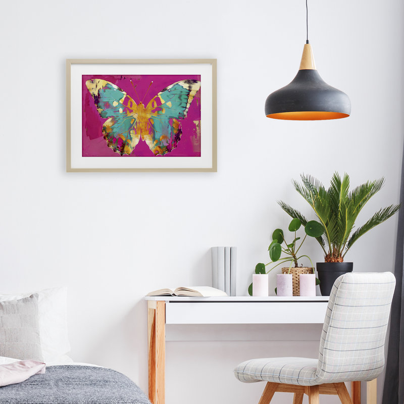 «Jewel Butterfly over Pink», reproduction encadrée sous verre, design par LSR Design Studio, Cadre de récolte en pin