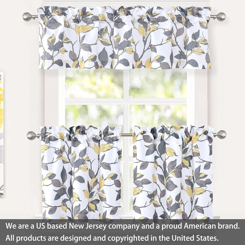 Gray and Yellow Floral Polyester Kitchen Curtain Set