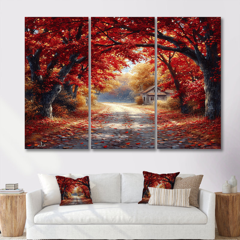 Red Autumn Road Coming Home - Ensemble d'art mural arbre, Toile tendue, H 28 po x l 36 po x P 1 po
