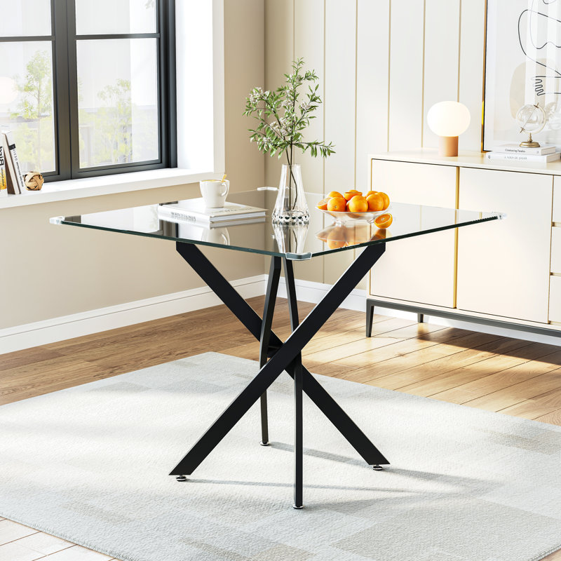 36" Square Glass Dining Table, 0.39" Thick Tempered Glass Top And Matte Black Stainless Steel Cross Base, For Small Spaces