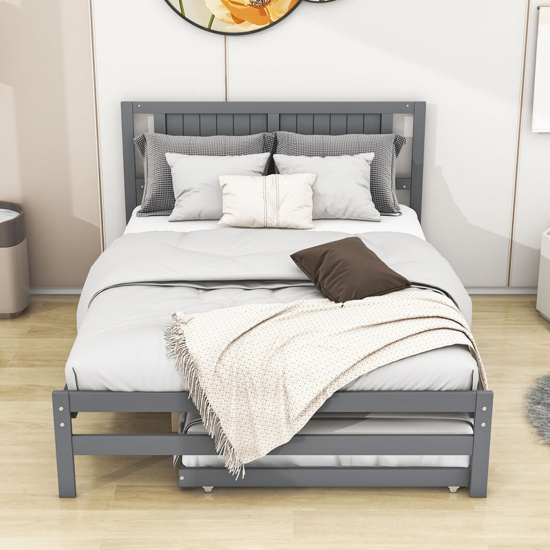 Lit plateforme double en bois avec lit gigogne réglable simple et tête de lit, gris
