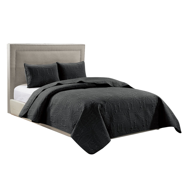Ensemble de couvre-lit 3 pièces à motif floral réversible, Noir, Couvre-lit de grande taille et 2 taies décorative
