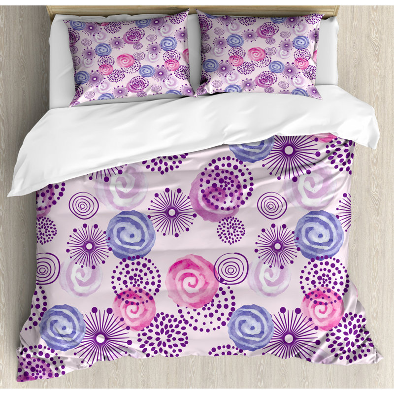 King Blue Pink Watercolor Flower Art Duvet Cover Set