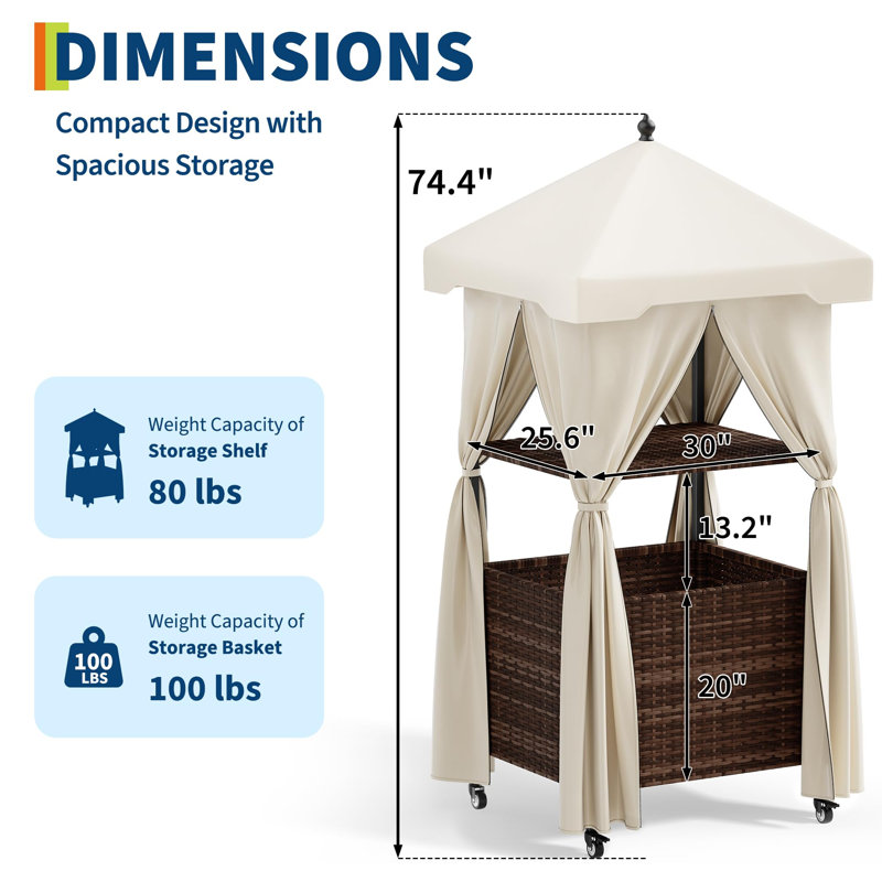 Armoire de rangement extérieure en osier avec auvent, rideaux et roulettes – Étagère roulante étanche pour terrasse, rangement de serviettes de piscine et de jouets – Brun