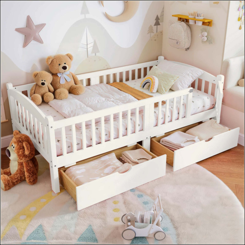 Lit plateforme avec garde-corps pleine longueur, lit plateforme pour enfants avec tiroirs de rangement, tête de lit enfantine et mignonne